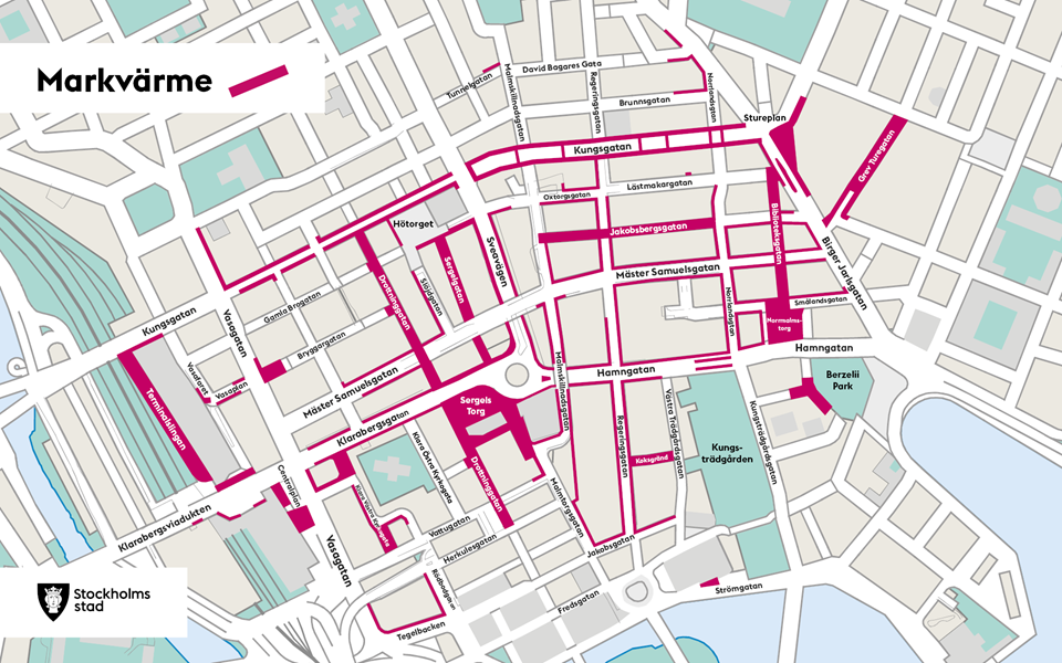 Karta över centrala innerstaden med markering av de gator och platser där markvärme förekommer.