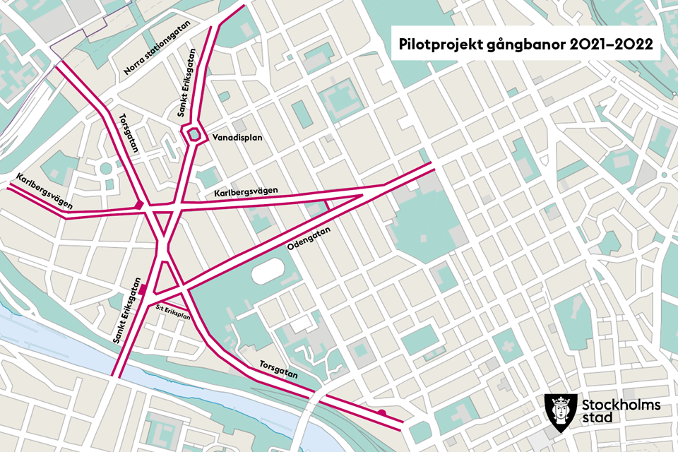 Karta för pilotprojekt gångbanor 2021–2022. Markerade trottoarer längs Torsgatan, Karlbergsvägen, Odengatan, Sankt Eriksgatan, Sankt Eriksplan och Norra stationsgatan.