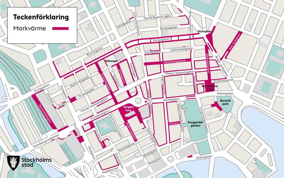Karta över centrala innerstaden med markering av de gator och platser där markvärme förekommer.