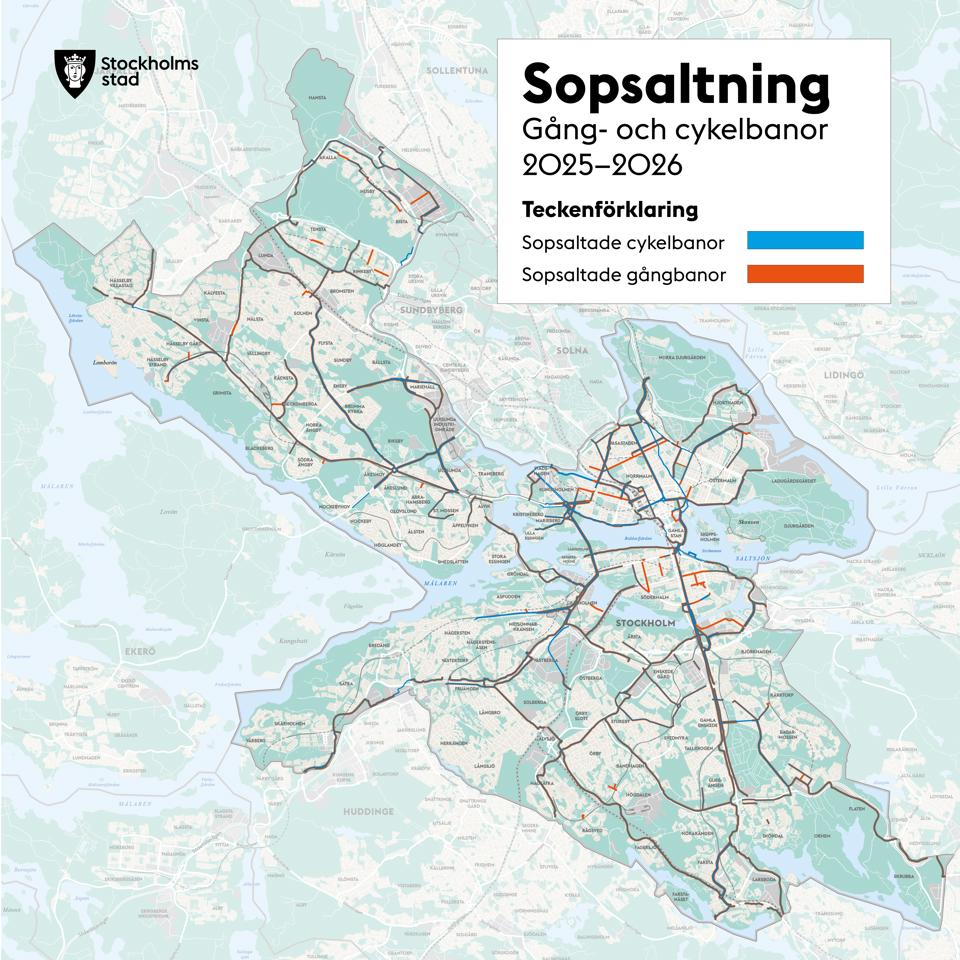 Gång- och cykelbanor som sopsaltas markerat i blått respektive orange, karta. 