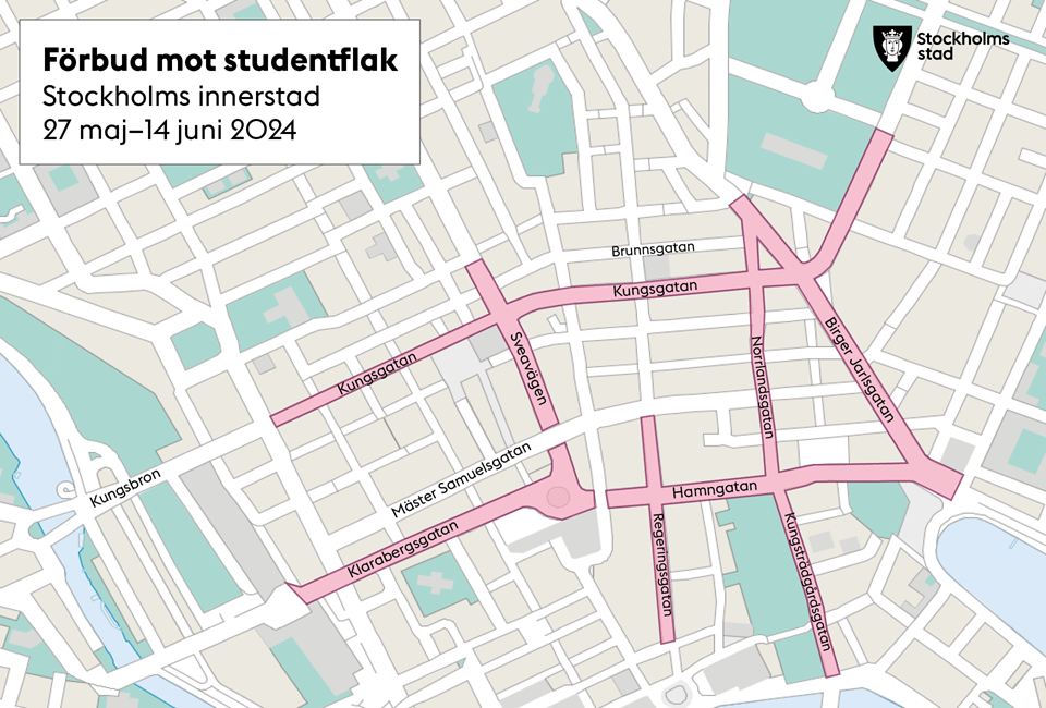 Karta över gator där förbud mot studentflak råder, markerat i rosa.