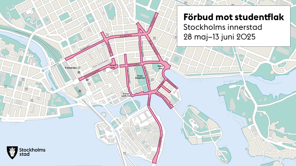 Sträckor med förbud mot studentflak markerat i rosa, karta.